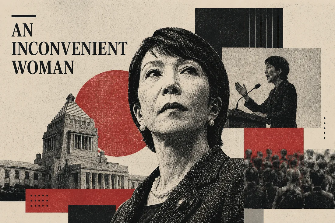 Halftone collage titled An Inconvenient Woman: Sanae Takaichi looking upward, with the National Diet Building, a red sun disc, a smaller frame of her speaking at a lectern, and a crowd of listeners arranged in black, red and off-white blocks.