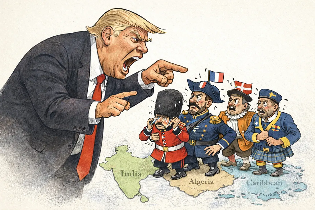 Cartoon of a towering, shouting Donald Trump jabbing his fingers at four small, sweating European colonial figures — a British guardsman, a French officer, a Dutch burgher and a Swedish soldier — huddled together on a map labelled India, Algeria and Caribbean.