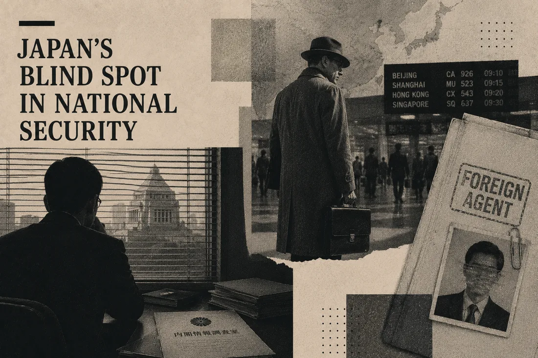 Sepia collage titled Japan's Blind Spot in National Security: an official at a desk facing the National Diet Building through blinds, a document marked 内閣情報調査室, a man in a trench coat with a briefcase at an airport departure board listing Beijing, Shanghai, Hong Kong and Singapore, and a file stamped FOREIGN AGENT with a clipped photograph.